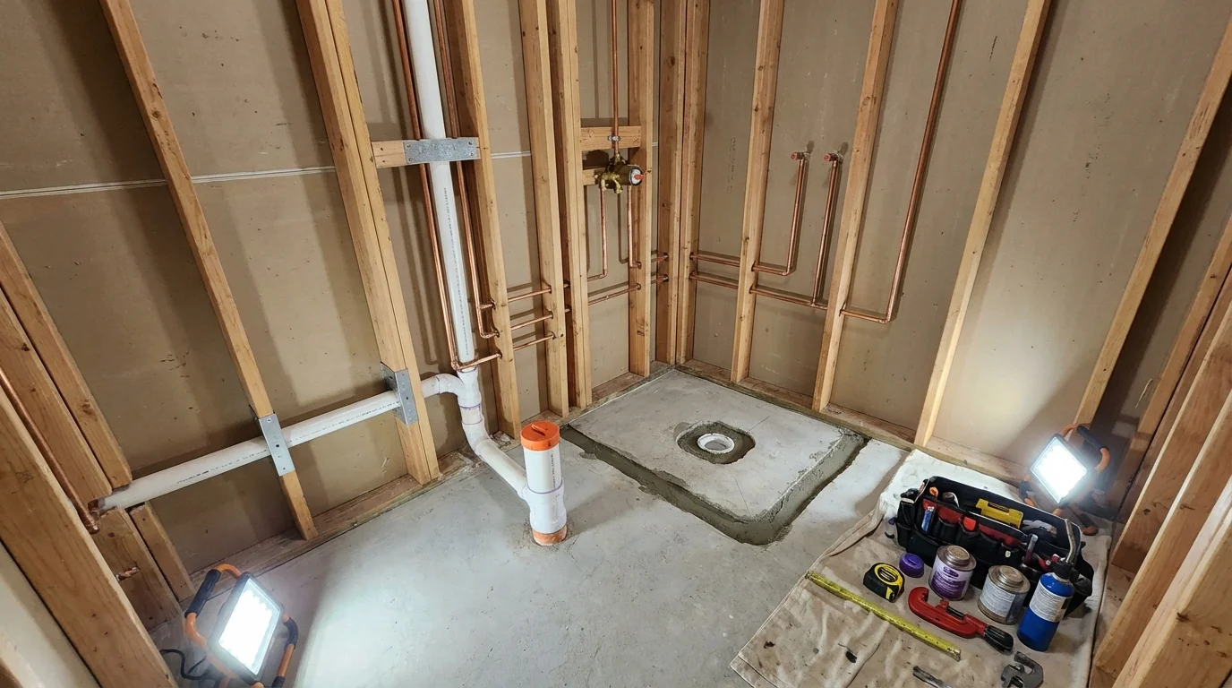 Bathroom rough-in plumbing during remodel by Johns Plumbing LLC in Palm Springs