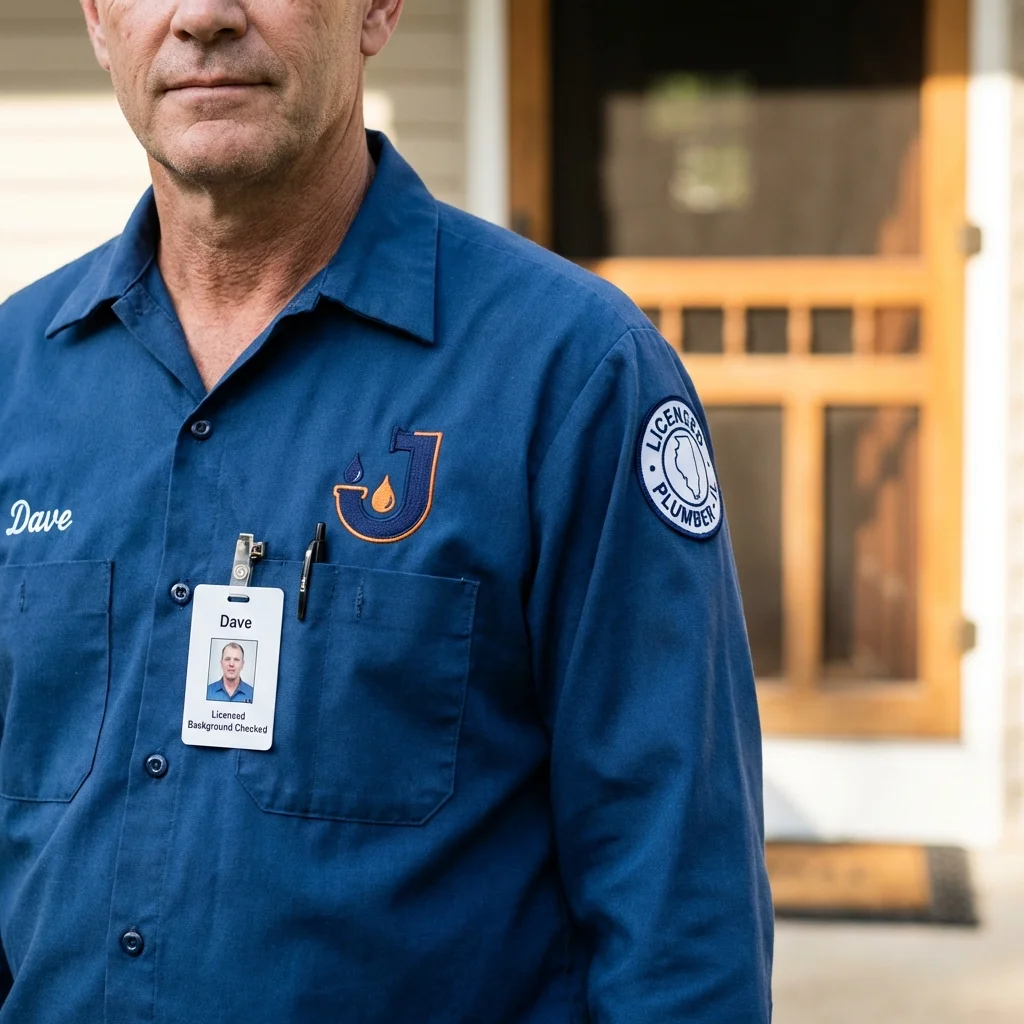 Licensed plumber showing ID badge in Palm Springs, CA
