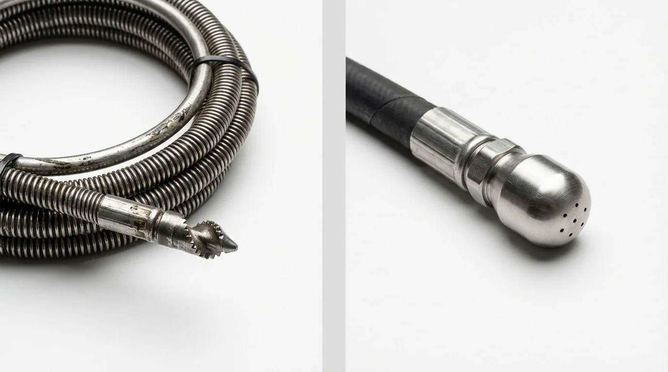 Drain snake cable and hydro jetting nozzle used for drain cleaning in Palm Springs, CA
