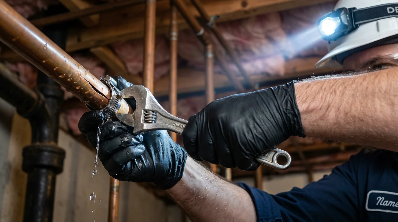 Emergency pipe clamp repair being performed by a Johns Plumbing LLC plumber in Palm Springs