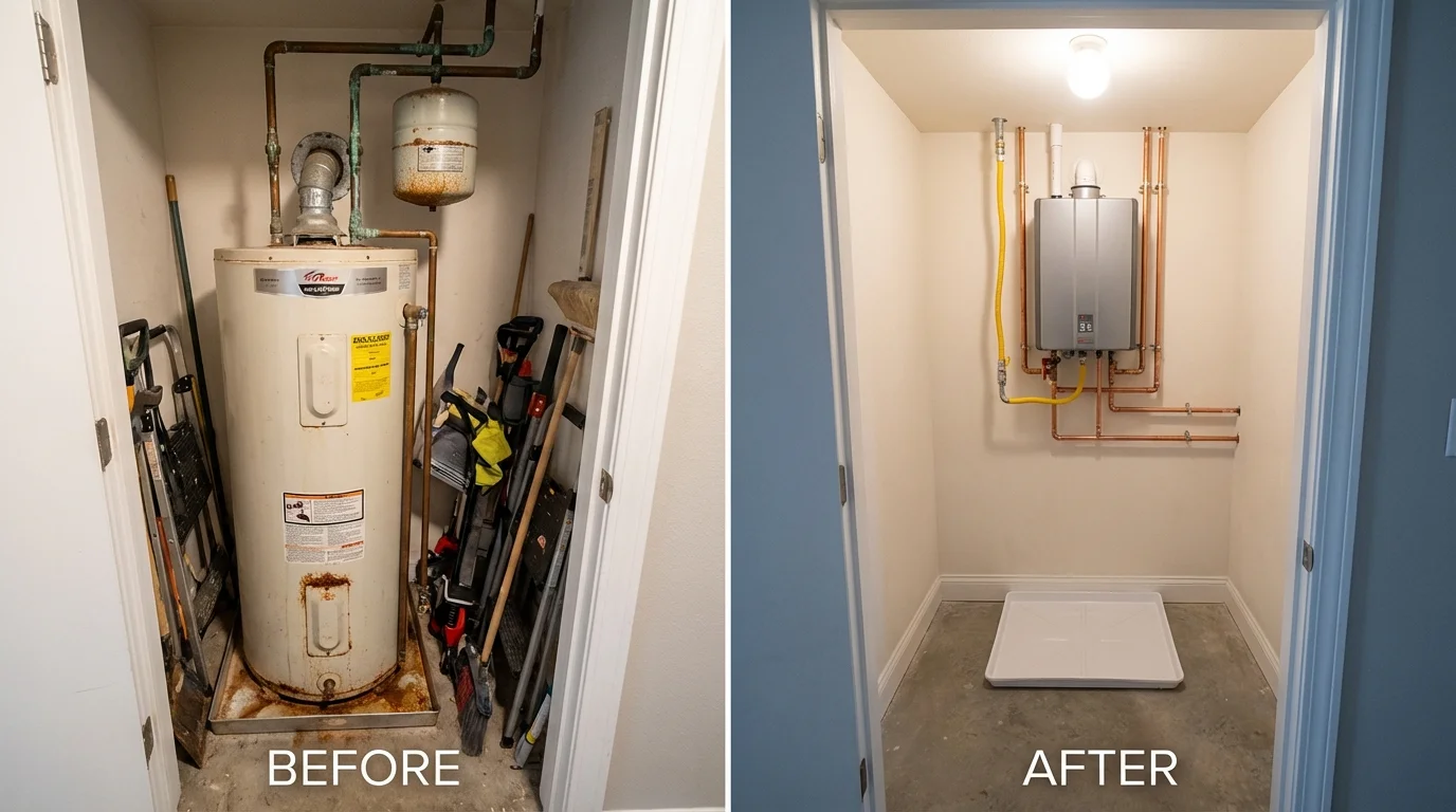 Tank water heater versus wall-mounted tankless unit comparison for Palm Springs, CA homeowners