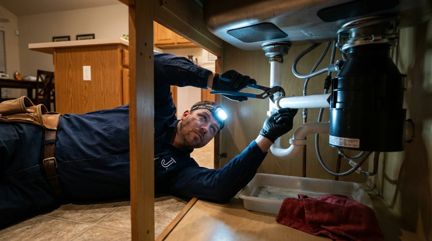 P-trap and supply line connections under a kitchen sink showing a common leak point in Palm Springs, CA